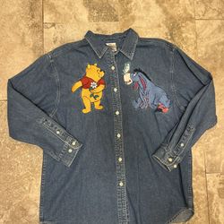 Vintage 90s Disney Women’s  Winnie Pooh Eeyore Shirt Embroider Denim Button Cartoon Tv Size Large worn once 