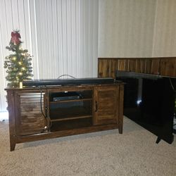 Tv Stand, Sanyo Tv 50, Sanyo Blue Ray Dvd Player With Wi-Fi, LG Sound Bar