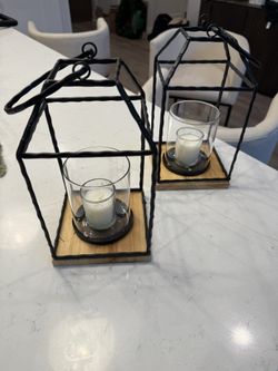 Set Of 2 Metal Framed Decorative Hurricane Glass