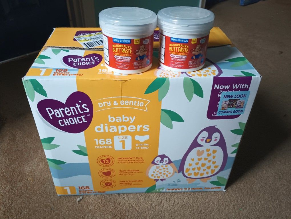 Brand New Unopened Box Of Size 1 Diapers & 2 Unopened Containers Of Butt Paste