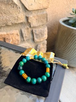 Turquoise Beaded Stretch Bracelet with Amber Accent