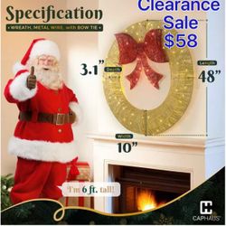 😀 CAPHAUS 48” Lighted Metal Christmas Wreath, Gold Foldable Metal Winter Wreath with 140 LED Lights, Bow, 8 Light Modes, 4 FT, Holiday Decoration for