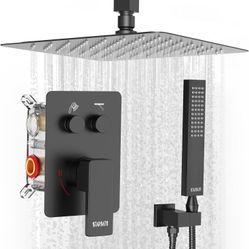 Ceiling Mounted Shower System with Push Button Diverter,12 inch Rain Shower Head with Handheld Spary, Matte Black Shower Faucets Sets Complete