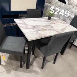 Cute! Small 5-pc Dining Table Set White Faux Marble Table Top With Charcoal Fabric Upholstered Chairs 