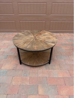 Round Rustic Industrial Coffee Table with Storage Shelf (Sunburst Wood Design)