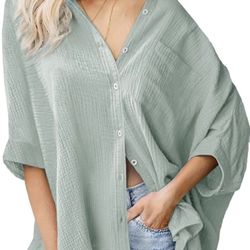 Astylish Large Oversized Button Down Shirt 3/4 Sleeve Blouse V-Neck Top blouse