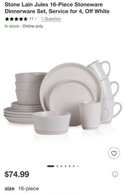 Stone Lain Jules 16-Piece Stoneware Dinnerware Set, Service for 4, Off White