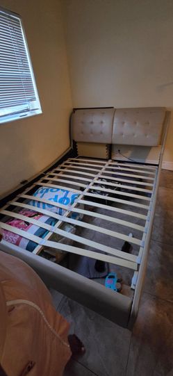 Queen Bed Frame PU Leather Beige/Black