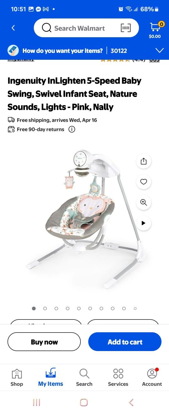 Ingenuity InLighten 5-Speed Baby
Swing, Swivel Infant Seat, Nature
Sounds, Lights- Pink, Nally