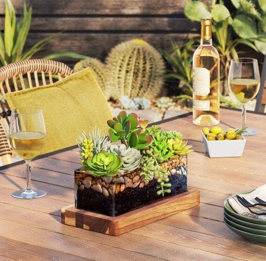 Medium Glass Terrarium With Wood Base Rectangular Natural Wood