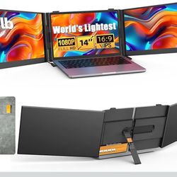 14" Triple Laptop Screen Extender - Ultra Thin & Lightweight (2.2lb) Portable Monitor For Laptop, FHD 1080P Travel Display 13-17" Laptops, Plug & Play