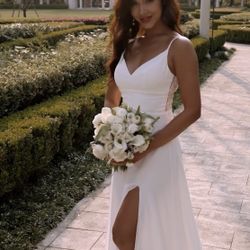 A-line V Neck Chiffon Court Train Wedding Dress with Lace Split
