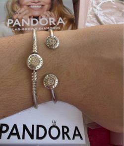 Pandora Silver Bracelet and Cuff with Gold 14k solid Pavé Logo Discs