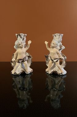 Vintage (50’s) Royal Sealy Porcelain Gilt Cherub Candle Holders 6” Tall