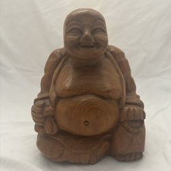 Wooden Hand carved Buddha Happy Smiling Sitting Figurine Statue