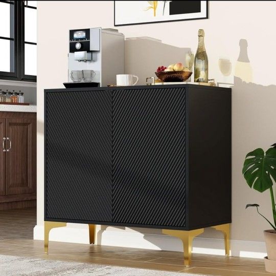 Sideboard Buffet Cabinet with storage 32” Black Cabinet with Doors, Modern Sideboard Fluted Cabinet