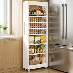 73" Tall Slim Storage Cart on Wheels, 7-Tier Narrow Pantry Cabinet, Rolling Skinny Spice Rack Organizer Next to Fridge, Wooden Pull-Out Storage Shelf 