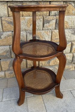 Antique Solid Wood Inlay Star Three-Tier Round Side Table W/Cane Shelves Made In Italy