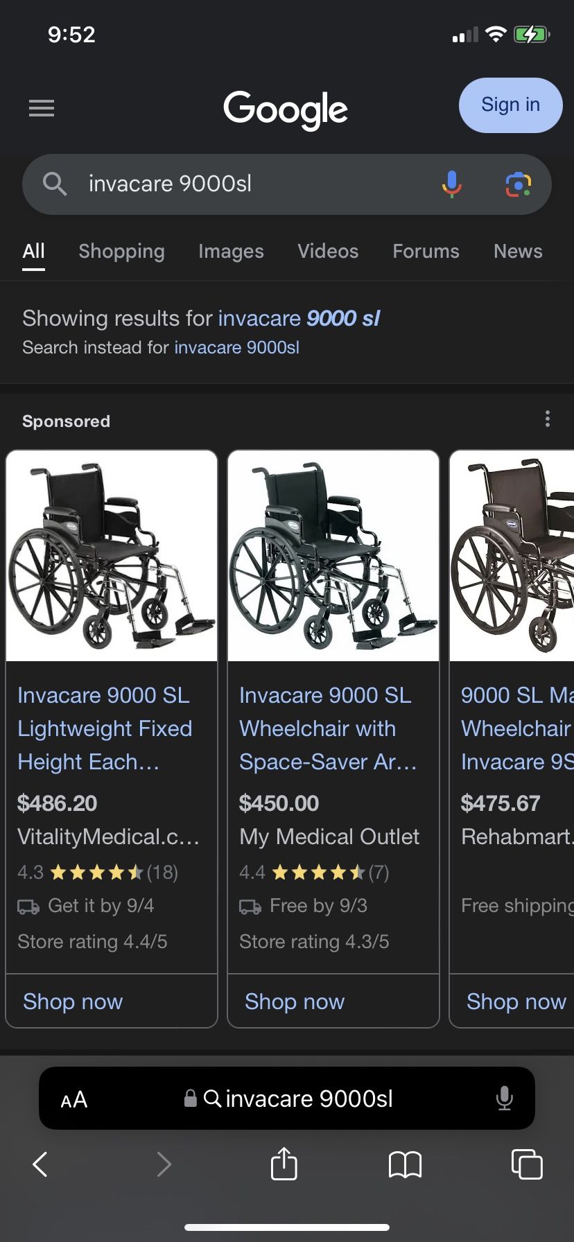 Wheelchair- Invacare 9000 SL 18” Seat Width W/C with Footrests + Foldable