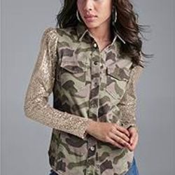 Venus Sequins Longsleeves Camouflage Button Jacket Blouse 