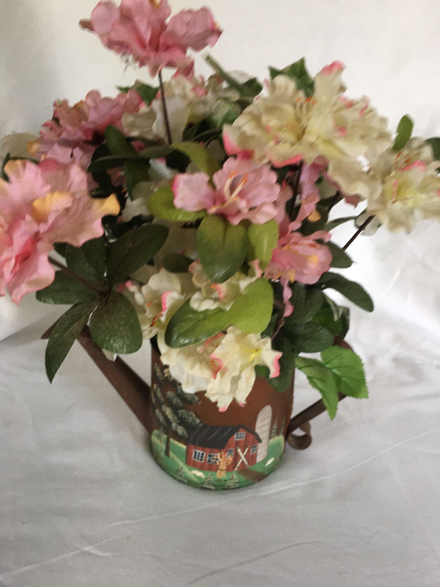 Reduced.METAL POT with pink flowers. Change to any color flowers.