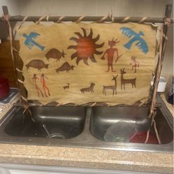 Vintage 20.5" X 30" Authentic Native American Genuine Leather Tapestry RARE