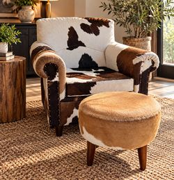 Beautiful Rustic Genuine Cowhide Accent Chair with Matching Round Ottoman – Western Ranch Style