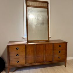 MCM Walnut 9 Drawer Lowboy With Mirror  and Nightstand 