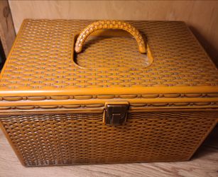 Vintage Wicker-Style Sewing Box with Handle & sewing supplies