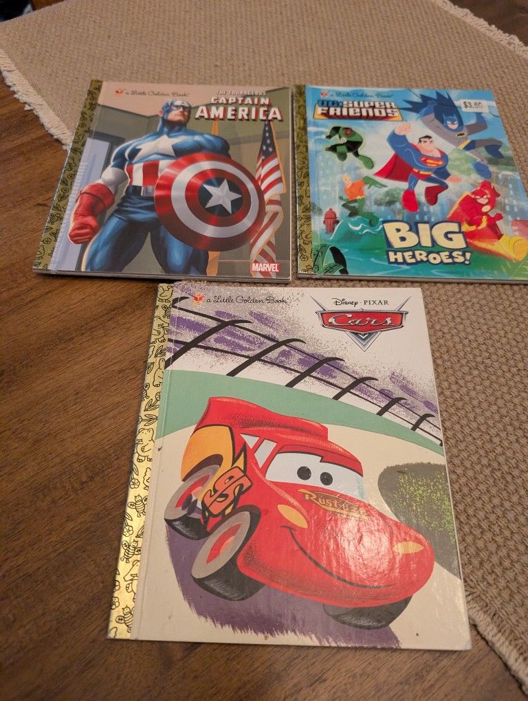 Lot Of 3 Golden Books - Captain America, Cars, DC Super Friends