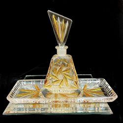Vintage (1960’s) Lead Crystal Clear Cut To Amber Bohemian Perfume Bottle And Tray