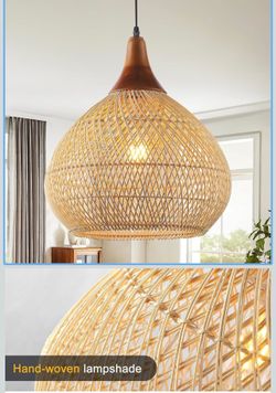 Karjearl Woven Rattan/Wood Pendant Light Beige/Brown Dimmable E26 120V 1-Light