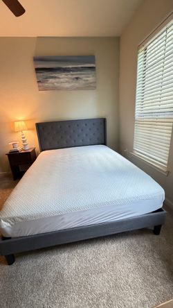 Queen bed with gray finished  low profile platform bed frame Moving sale/ pick up only