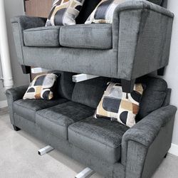 2pc Living Room Set 🩶🩶🩶🩶 Dark Grey Fabric 