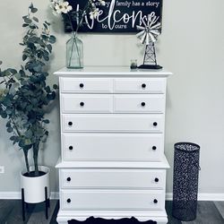 Refinished Solid Wood Swan White Tall Bedroom Dresser TV Stand