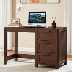 48" Farmhouse Computer Desk with 3 Drawers, Wood Office Desk for Home Office Bedroom, Walnut