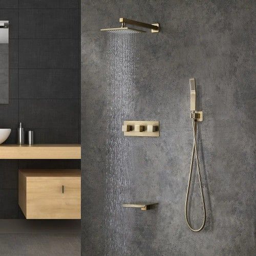 Wall-Mounted 10" Shower System in Brushed Gold with Tub Spout Solid Brass Brushed Gold
