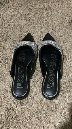 Express Black and Silver Heels with Pointed Toe