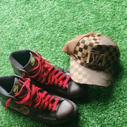Customary Nike Shoes Size  10.5 Brown And Black With Red Laces And A Brown Louis Viton Cap 