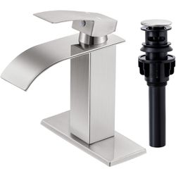 Qomolangma Waterfall Bathroom Faucet, Brushed Nickel Modern Single Handle Bathroom Faucets for 1 or 3 Hole Bathroom Sink Faucet Mixer Tap Washbasin Fa