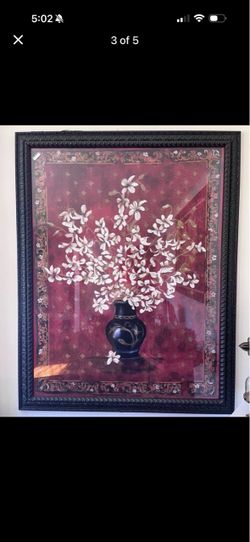 Large cherry blossoms red print/ pic under high quality glass with carved black matte frame