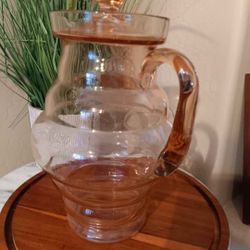 $15 Vintage Pink Depression Glass Pitcher Dunbar Flint. Last picture shows a small chip on lid.