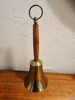 Vintage Wooden Handle Polish Brass Bell School Teacher Church Music Dinner Decor 13.5" (Read)