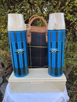 Vintage 1970’s King Seely Blue Striped Thermos Picnic Set 