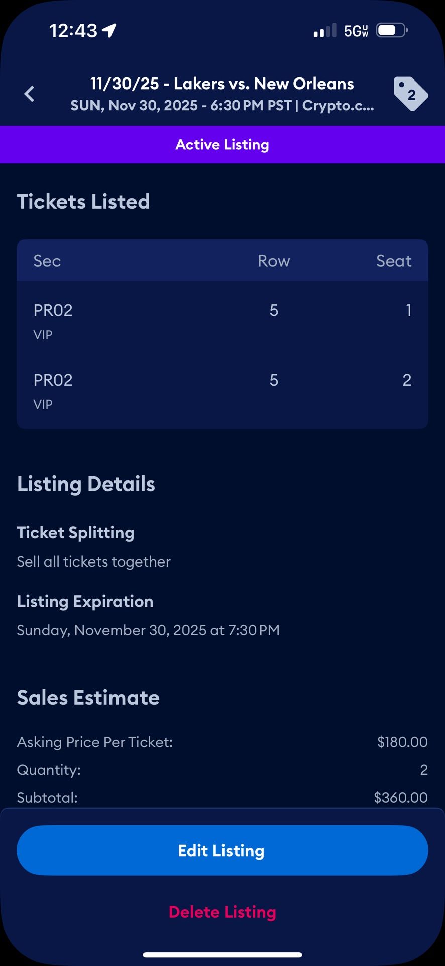 2 Tickets To Lakers vs. Pelicans Tonight Sec PR2 Row 5 