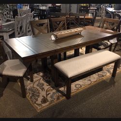 6 Piece Grayish Brown Ashley Moriville Extension Rectangular Table & Upholstered Bar Stools& Upholstered Bench🤩  Counter Height Dining Room Set✅ 