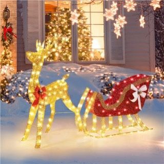 Lighted Christmas Reindeer & Sleigh Set, Pre-lit Outdoor Christmas Décor w/ 360 Warm White LED Lights For Front Yard, Porch, Indoor Decoration