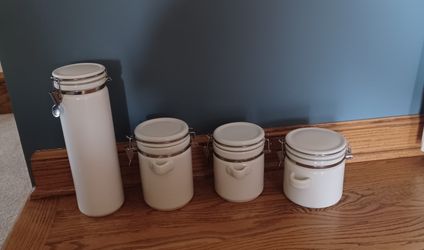 4 piece Alco white ceramic canister set with easy open air tight clamp flip top lids, holders for spoons