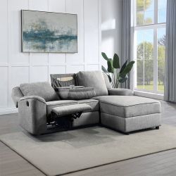 GRAY LINEN SECTIONAL SOFA CHAISE DROP DOWN CUP HOLDER STORAGE COMFY COUCH - SECCIONAL SILLON