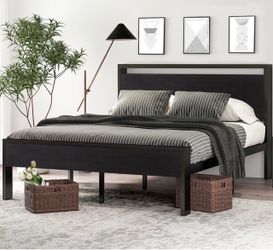 Queen size Black Metal Platform Bed Frame with Headboard